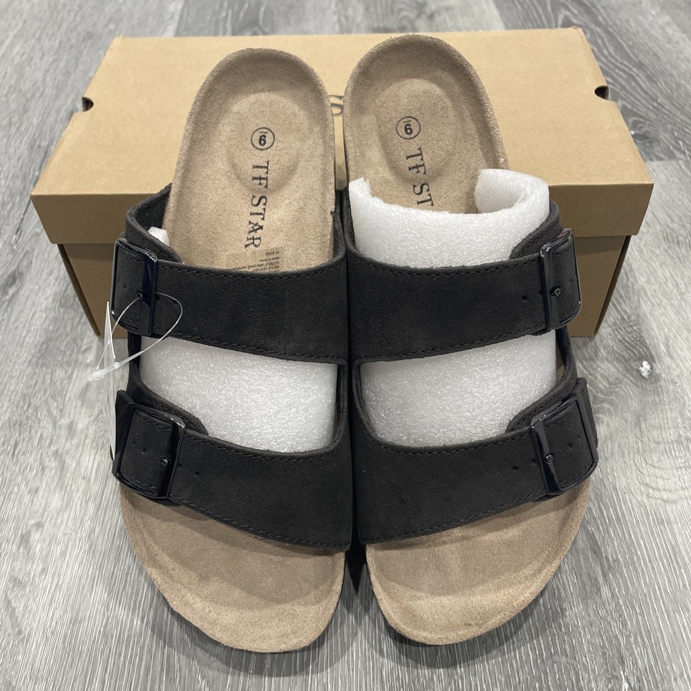 TF STAR Cow Suede Leather Slide Sandals 2-Strap Adjustable Buckle Casual Men's 9